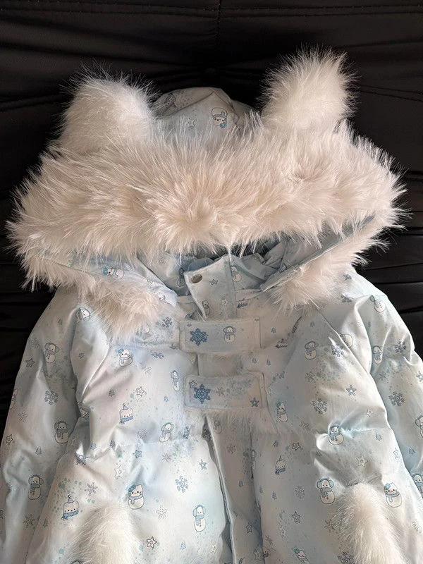 Cute Plush Snowman Ear Hooded Thickened Winter Cotton Jacket Sweet College Style Loose Fit Warm Coat for Students