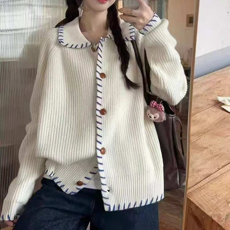 

Women Button Cardigan Sweaters Turn Down Collar Patchwork Splice Knit Jumpers Casual Long Sleeve Elegant Office Lady Autumn 2025