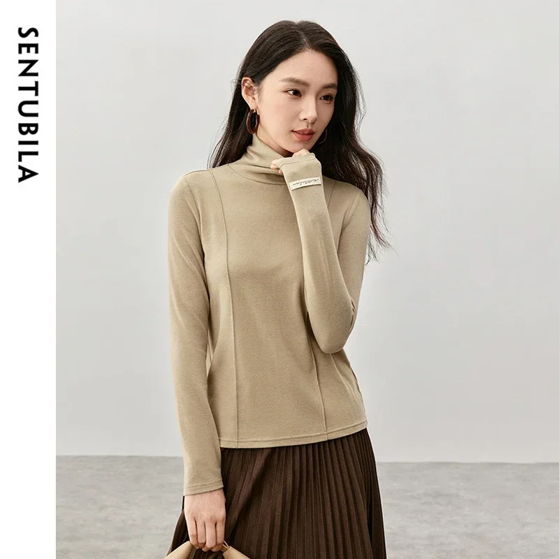 SENTUBILA Slim Fit bawełniane swetry z dzianiny 2024 Winter New Casual High Collar Long Sleeve Comfort Solid Women Tops 144S57342