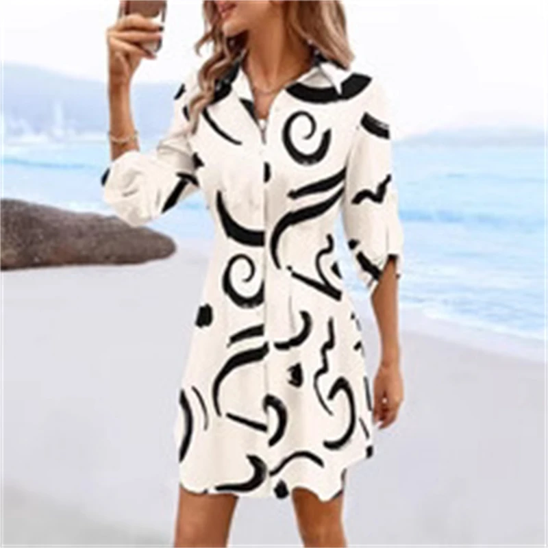 2025 nuove donne casual stampa manica lunga cintura con cravatta abito camicia abito camicetta tunica per abiti estivi da indossare ogni giorno