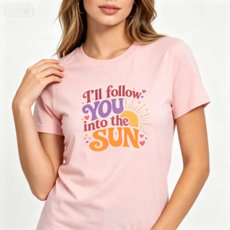Ladies Cotton T‑Shirt Romantic Lyrics Letter Print Crewneck Short Sleeve Tee Trendy Boho Sun Pattern Casual Daily Street Tops