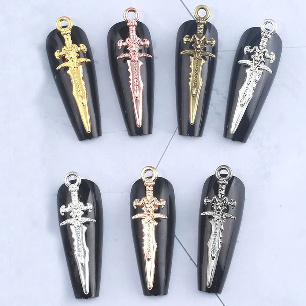 50pcs Metal Sword Knife Nail Art Charm 3D Pierced Ancient Gold/Silver/Black Sword Nail Jewelry DIY Weapons Nail Accessories