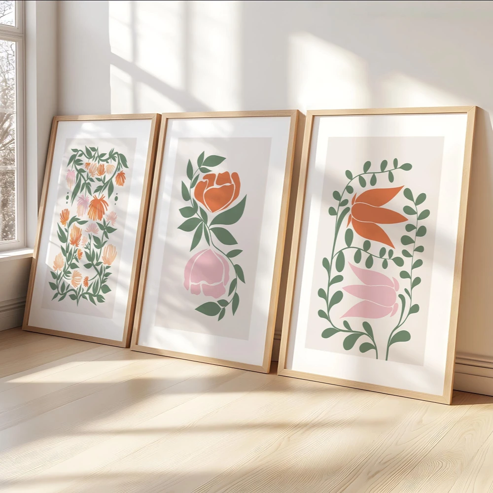 3pcs frameless Canvas Painting Set of 3 Abstract Flower Botanical Line Art Prints Boho Earth Tone Gallery Wall Decor Minimalist