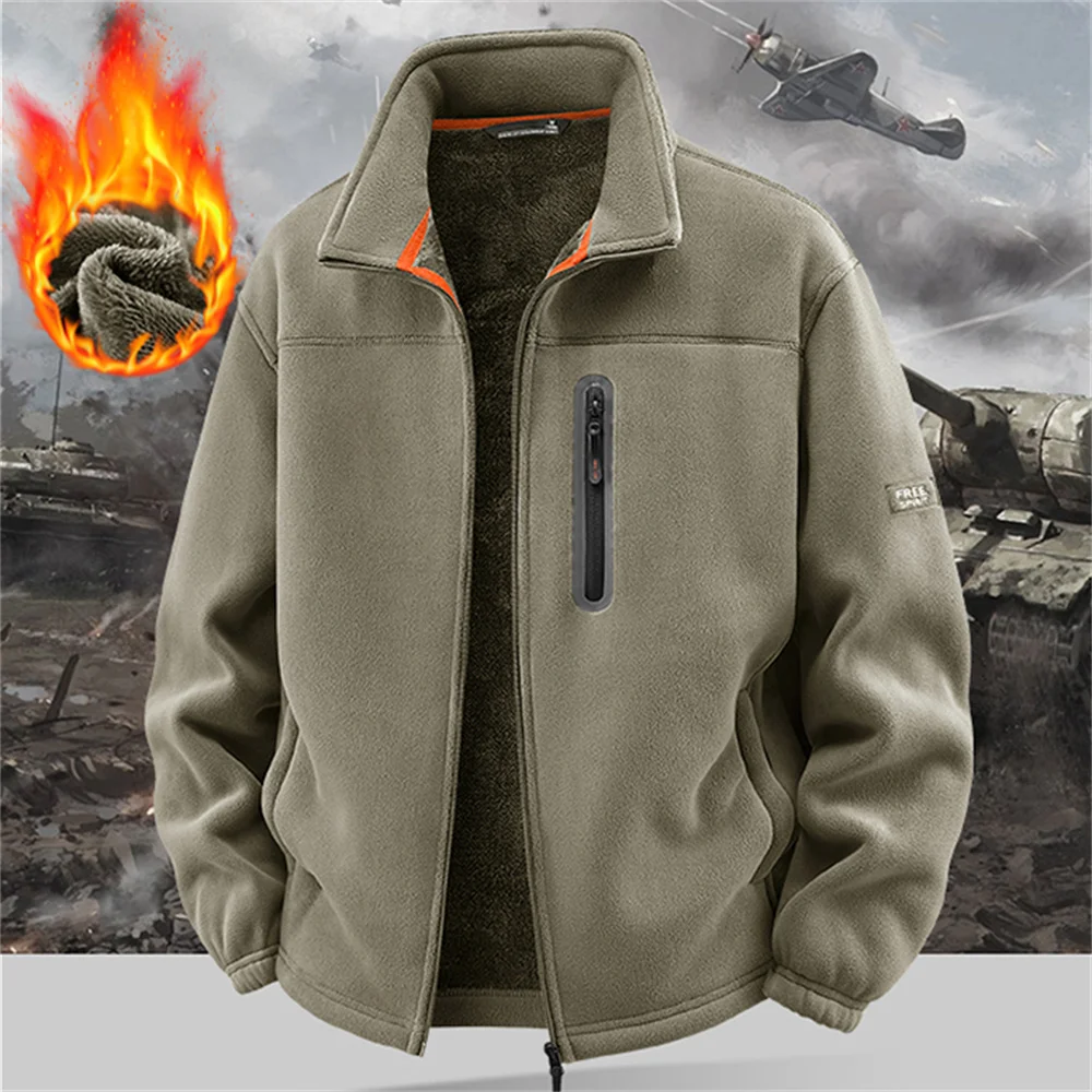 Outdoor Polar Fleece-Lined Military Jacket Men Thickened Windproof Stand-Collar Cardigan Jacket Winter Embroidered Men Warm Coat