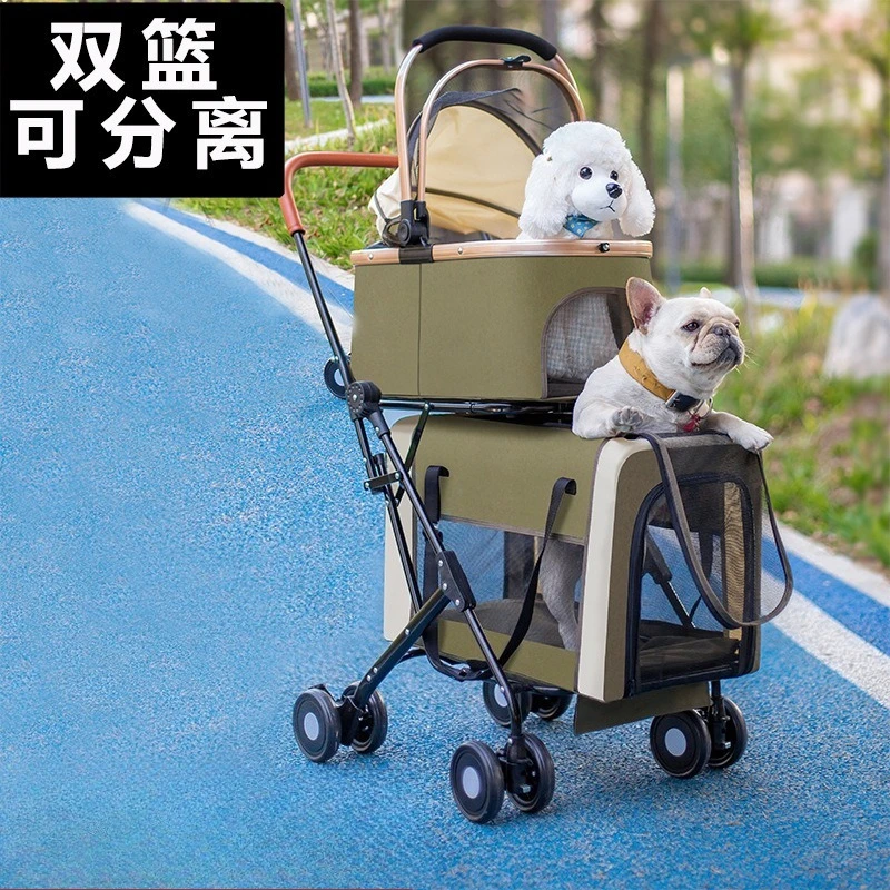 Double Decker Large Space Pet Stroller Foldable Detachable Design Hand Push Trolley For Dogs Cats Outdoor Walking Travel