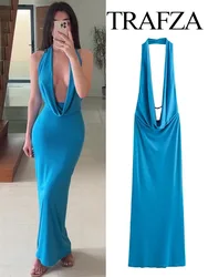 TRAFZA Female Chic Elegant Off Shoulder Folds Hanging Neck Long Dress Woman Solid Sleeveless Backless Evening Party Dresses Traf