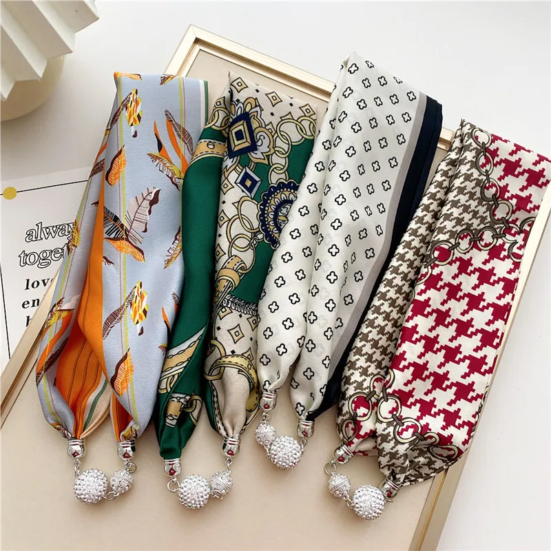 Fashion Print Scarf Necklace Scarves Women Ring Neckerchief Magnetic Buckle Ribbon Neck Clavicle Choker Headband Decoration