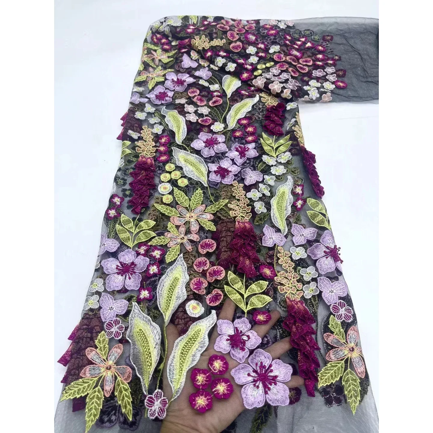 130CM Wide Colorful Three-Dimensional Grape Floral Embroidery Mesh Lace Fabric for Dress Skirt Fashion Bag Accessories R208