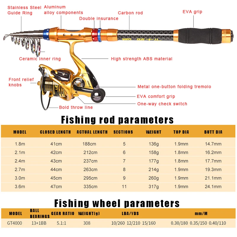 1.8-3.6m alimentador mar pólo combo carbono telescópica fiação vara de pesca carretel conjunto curto viagem pólo combinação vara de arremesso