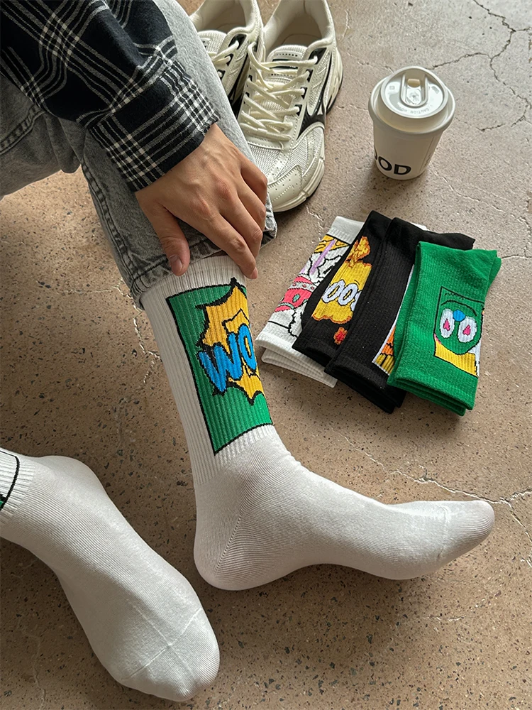 

Cartoon Comic Print Crew Socks for Men Women, Harajuku Streetwear Cotton Socks, Funny UFO Graffiti Skateboard Socks, Casual Brea
