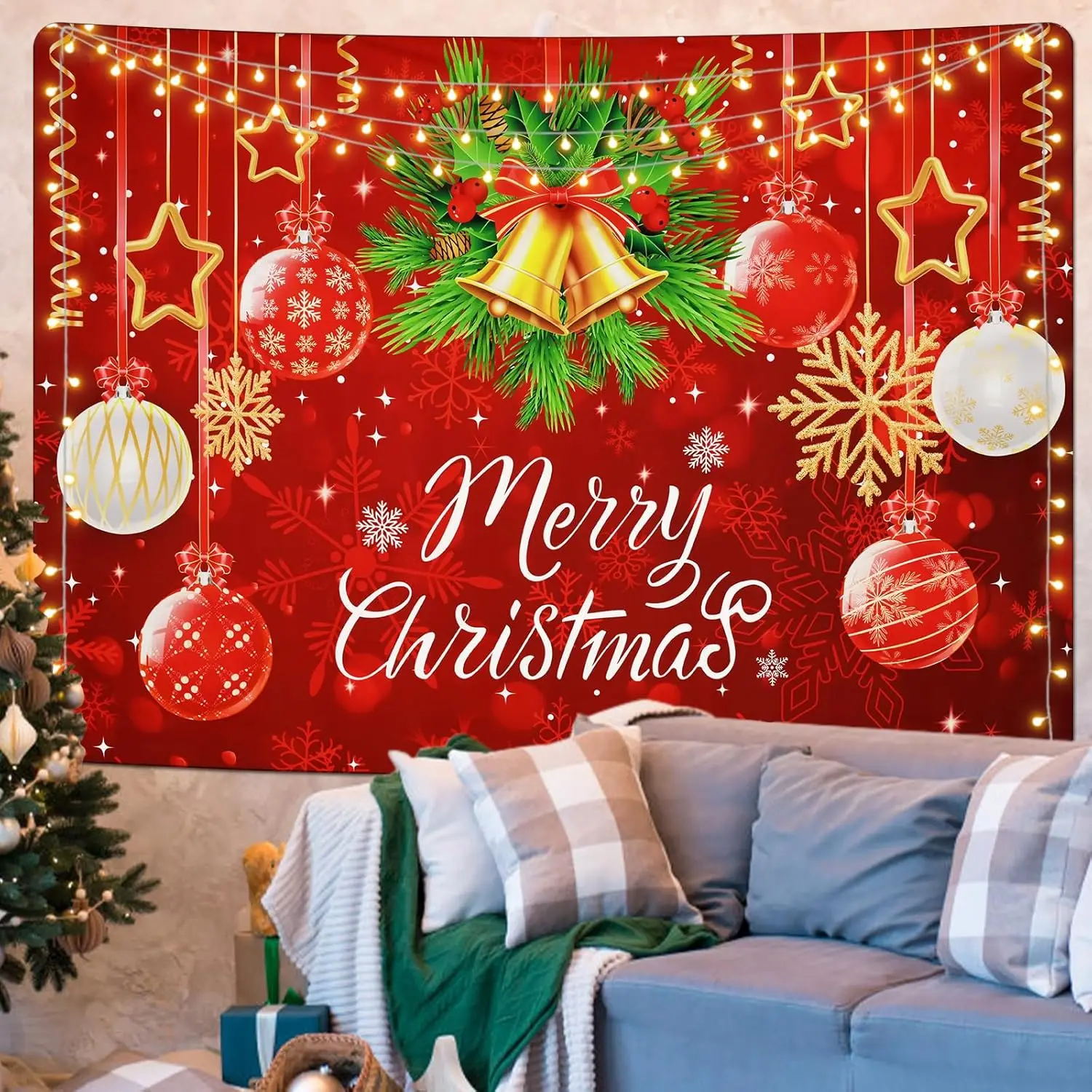 Merry Christmas Tapestry Red Xmas Bell Tapestries Christmas Balls Tapestry Sparkle Snowflakes Mistletoe Wall Hanging for Room