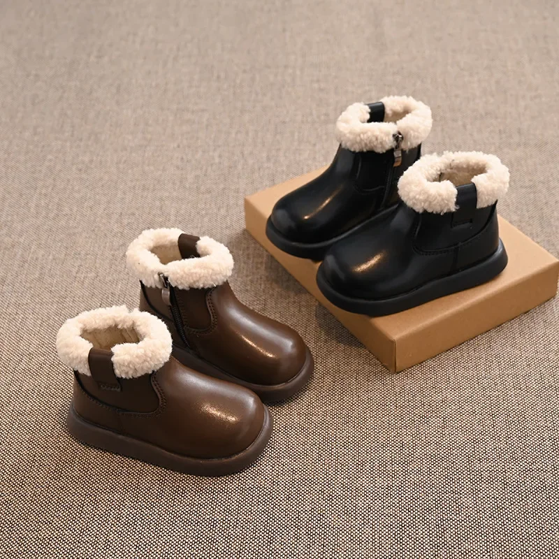 

Kids Princess Shoes with Fur Soft Sole Non-slip Girls Short Boots with Side Zip 2024 Winter New Fashion Children Ankle Boot Warm