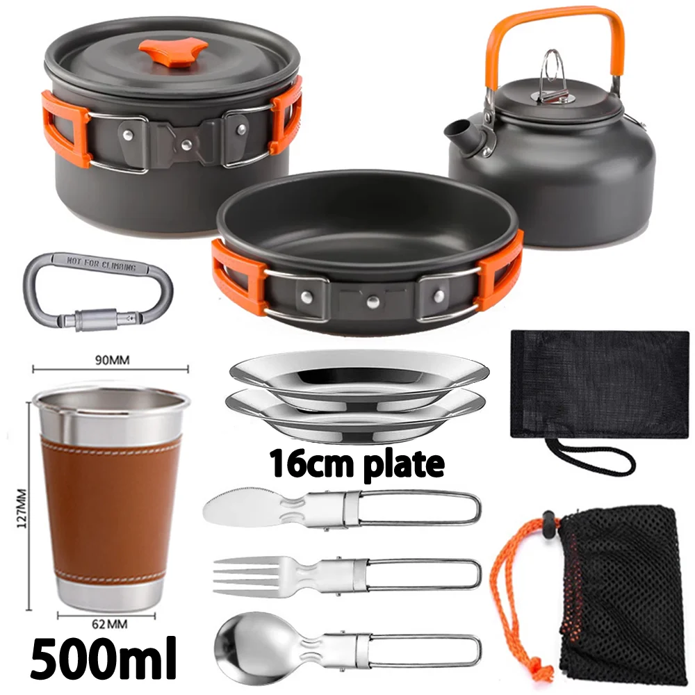 

Outdoor camping cooking pot set made of hard aluminum alloy camping cookware, hiking tableware, single person cooking teapot set