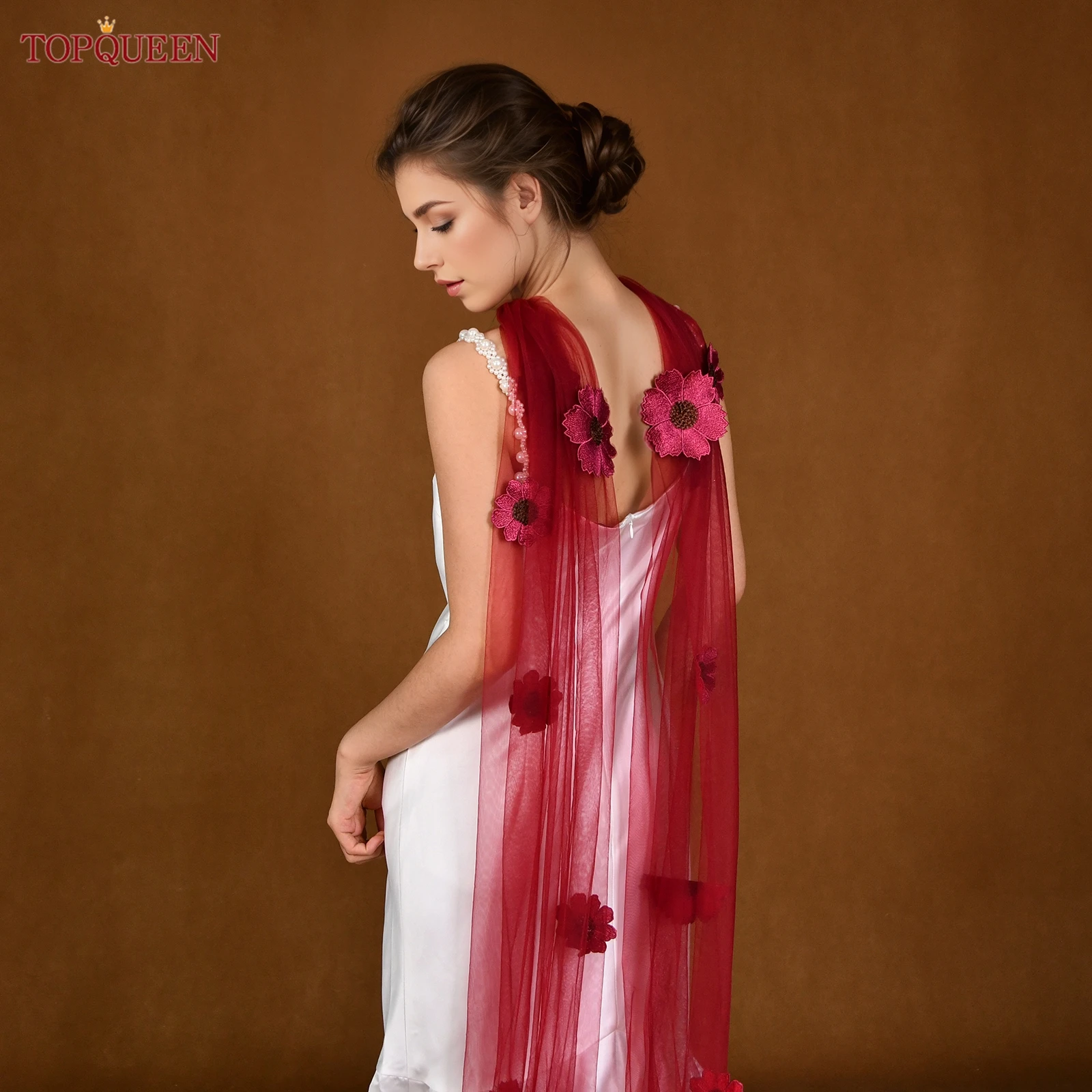 

TOPQUEEN длинный бордовый шарф с 3d цветами, шаль для невесты, свадебные аксессуары, женское бальное платье для дня рождения MG67