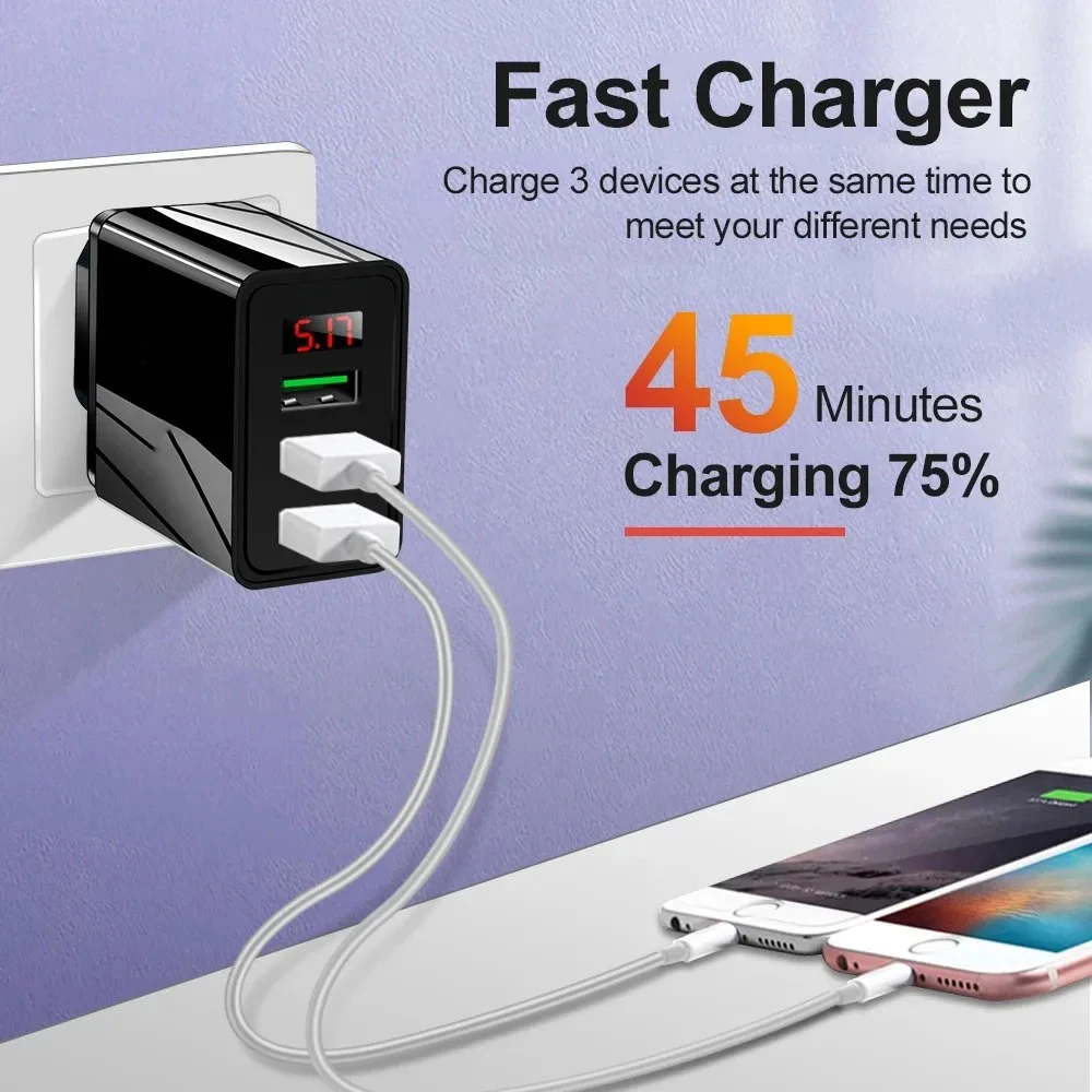 3-Port USB Wall Charger with LED Digital Display, Multi-Port Fast Charging Adapter for iPhone Samsung Xiaomi, EU/US/UK Plug