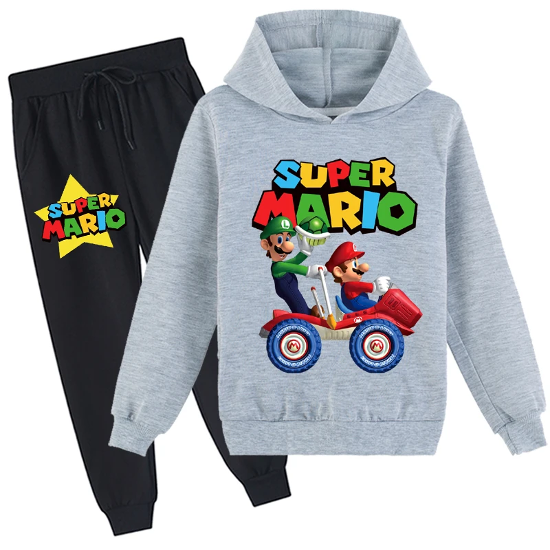 Felpe con cappuccio e pantaloni da jogging alla moda per bambini piccoli Set di tute da 2 pezzi, top novità Super Mario per 2-14 anni (5 colori)