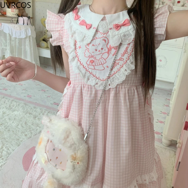 Pink Sweet Plaid Lolita Dress Women Kawaii Cute Bow Bear Embroidery Party Mini Dresses Female Vintage Elegant Fairy Dress Summer