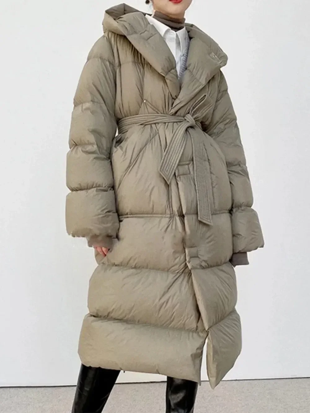 

White Duck Down Winter Solid Thick Warm Female Sashes Tie Up Over New Puffer Jacket Women The Knee Coat Fashion Oversize Hooded