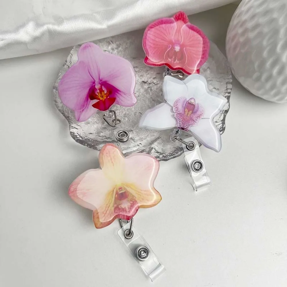 Cute Acrylic Resin Holder Clip Orchid Flower Shape Durable ID Badge Reel Retractable Design Retractable Badge Holder Chest Card