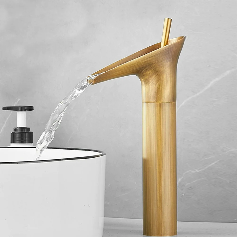 Antique Brass Basin Faucet Waterfall Mixer Tap Single Lever Cold Hot Vanity Sink Crane One Hole Deck Mount