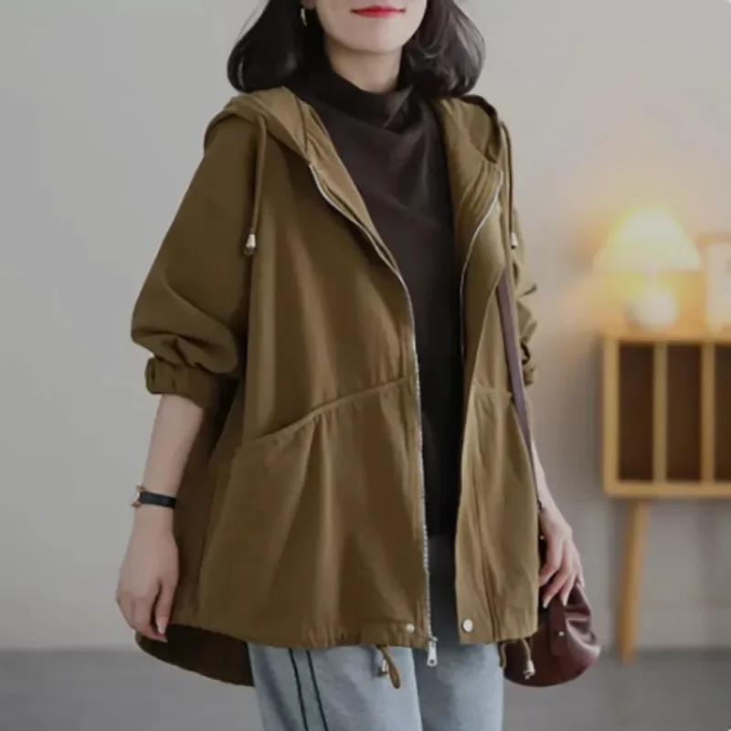 ﻿ ﻿   PLUS Größe Damen Lose Windjacke Damen Kapuzenjacke Damen Frühling Herbst Damenbekleidung Langarm Top Wom