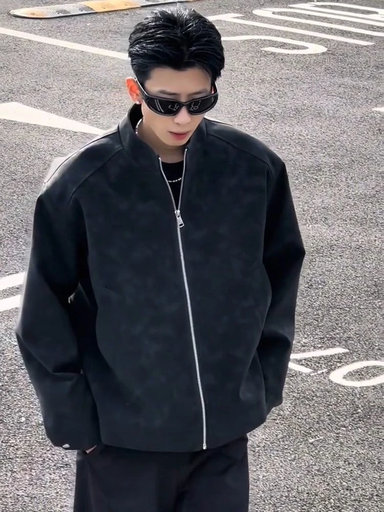 

Badass Gray Foggy Leather Jacket Men's Stand Collar Motorcycle Jacket Short Baseball Jacket Spring Autumn​