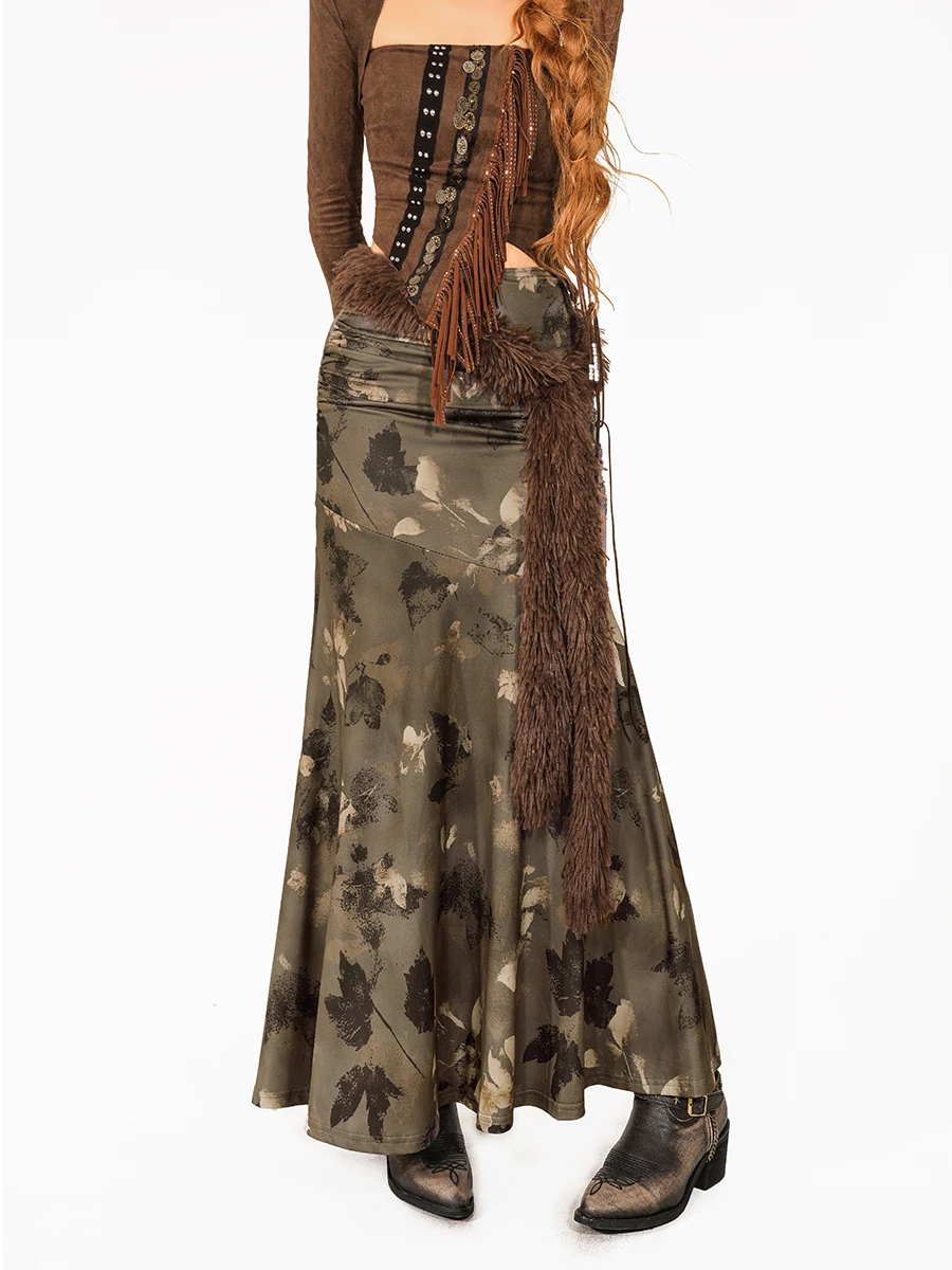 

ink Plant Print Retro A-Line Skirt Women's Unique Design Spicy Girl Waist-Cinching Bodycon Fi Tail Skirt