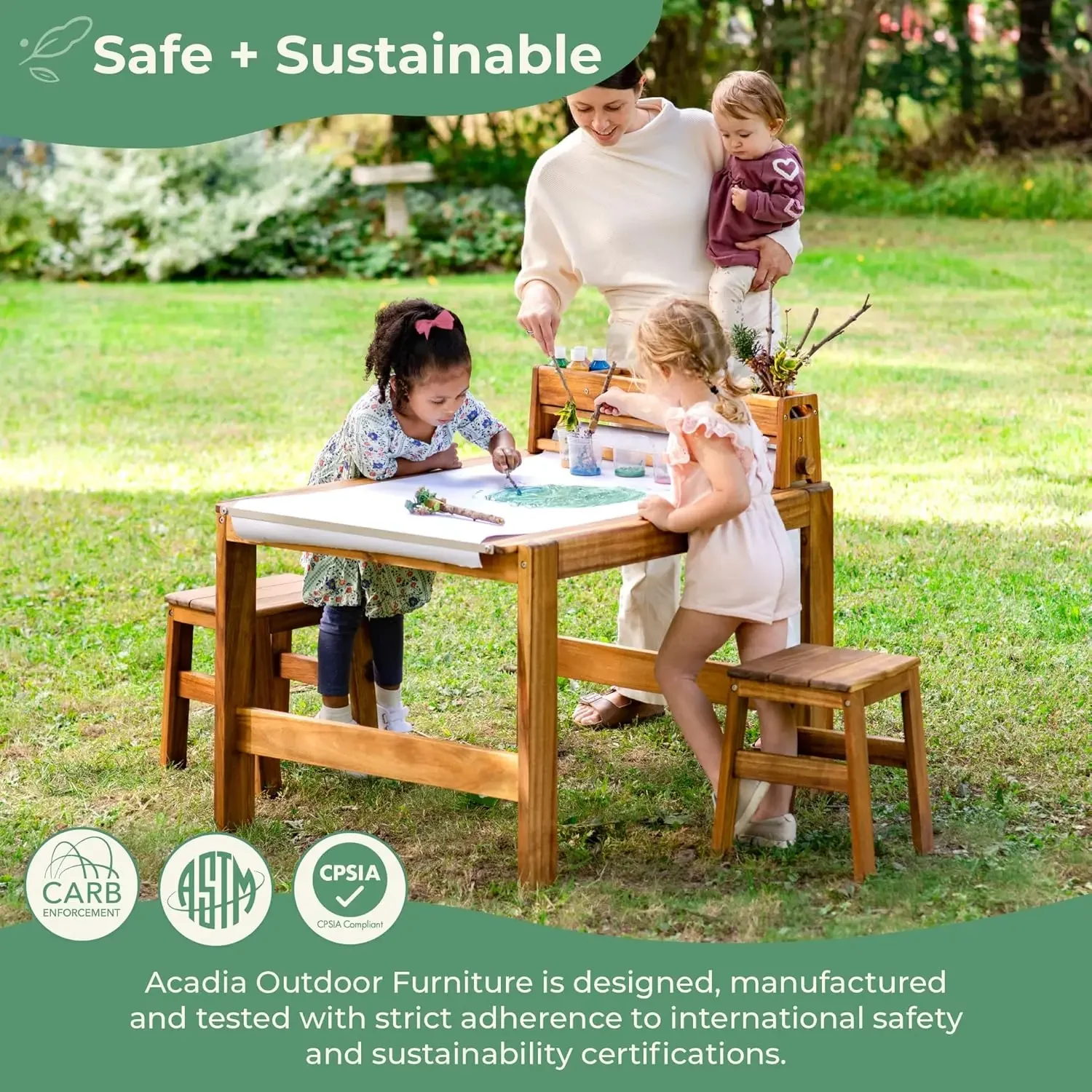 Acadia Outdoor Art Table and Stool Set: Kids Acacia Wood Arts and Crafts Table w/ 2 Chairs, Mobile Storage Paper Roll, and Paint