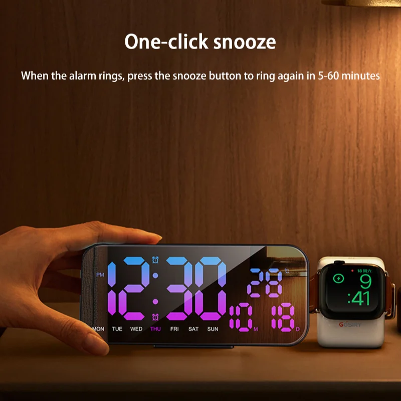 LED Mirror Wall Clock Digital Alarm With Color Changing RGB Temperature Date Display USB Powered For Home Office Hotel Desk 2025