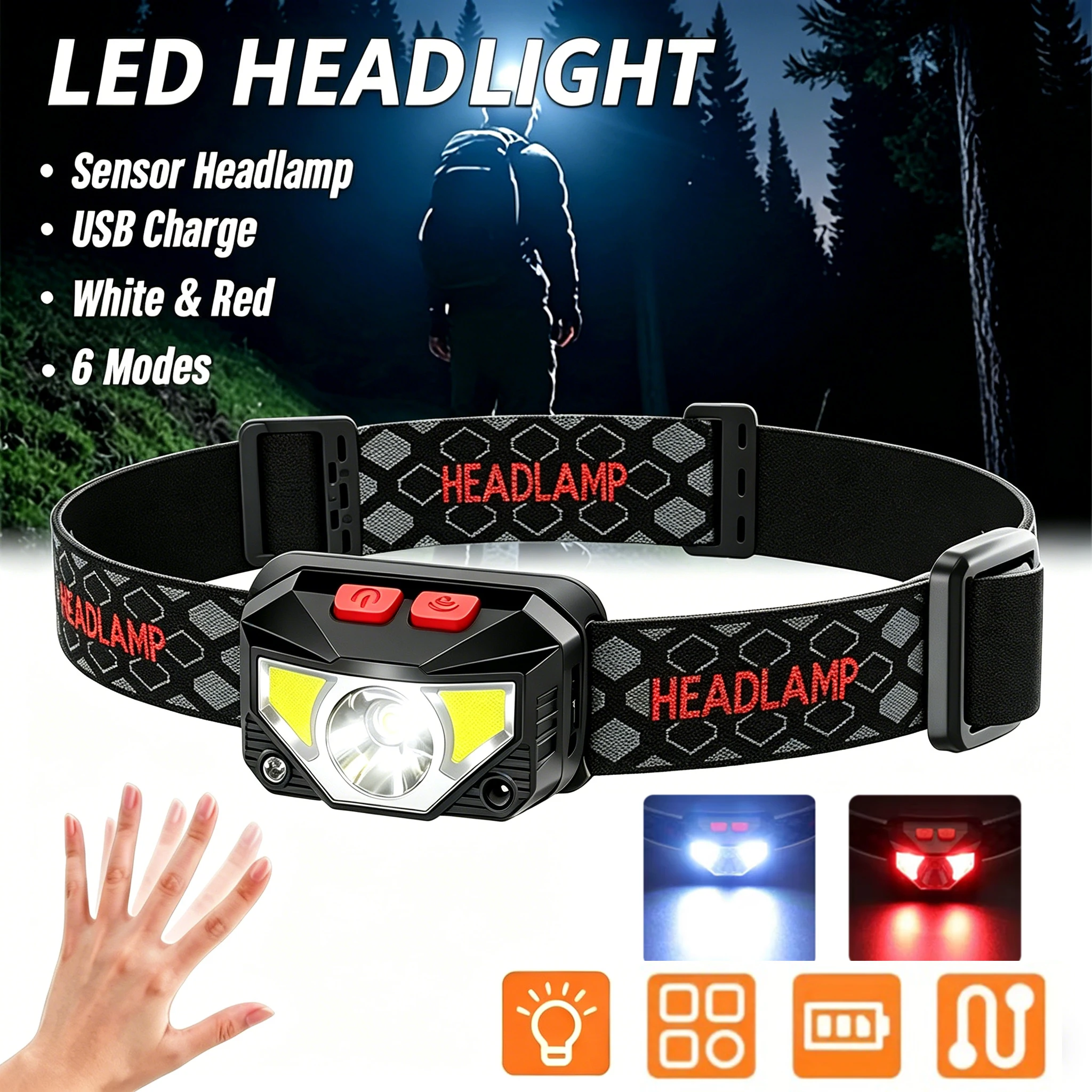 8 Modes COB+LED Headlamp, USB Rechargeable Motion Sensor Headlight, Outdoor White & Red Light Fishing Camping Head Torch