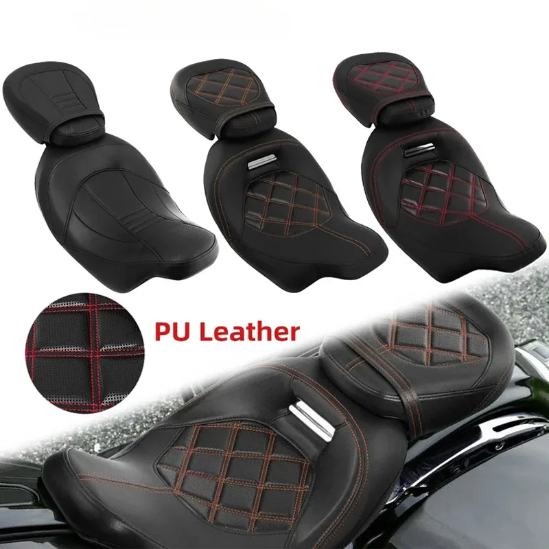 Motorcycle Low-Profile Two Up Driver Passenger PU Leather Seat For Harley Touring CVO Electra Street Glide Road King 2009-2023