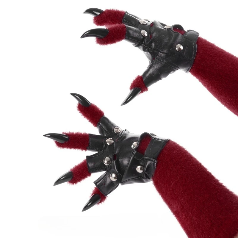 Original Plush Claw Gloves Furry Gloves Punk Leather Gloves Cosplay Handmade Accessories Props