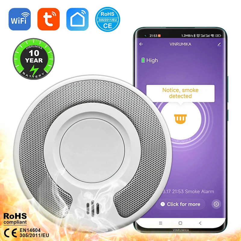 WiFi Tuya Smart Smoke Detector With Built-in 10 Year Lithium Battery For Parlor Room Kitchen Shop Fire Inspection Alarm Sensor