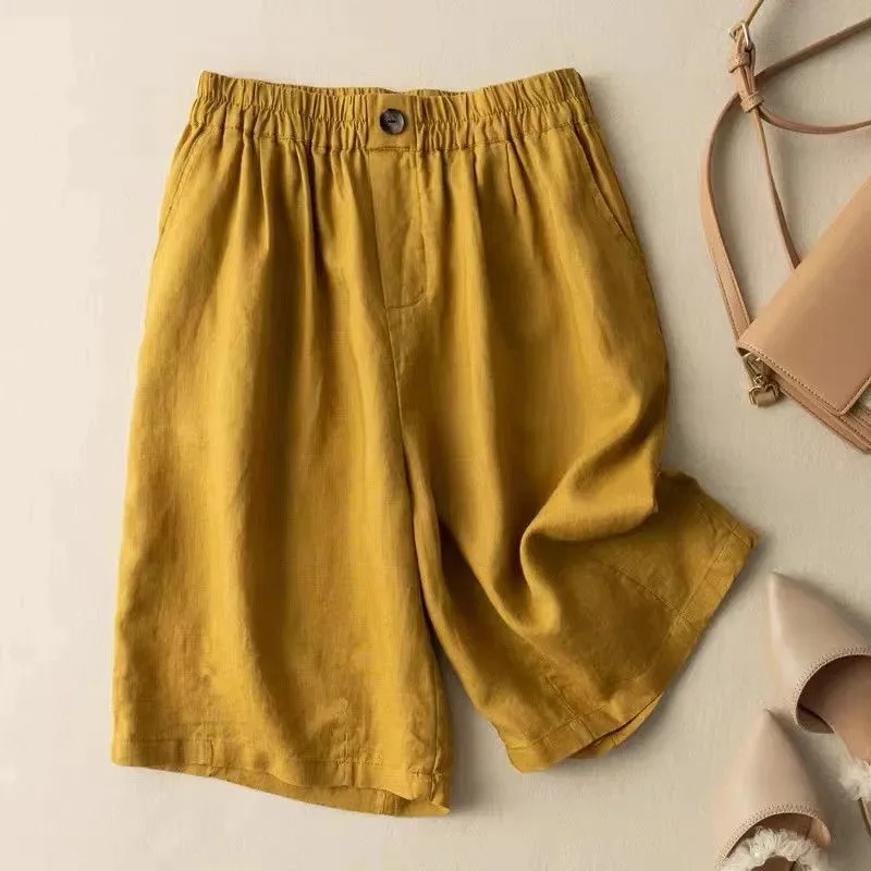 

Thin and simple casual versatile linen and cotton yellow dark green women's large size loose shorts for spring and summer