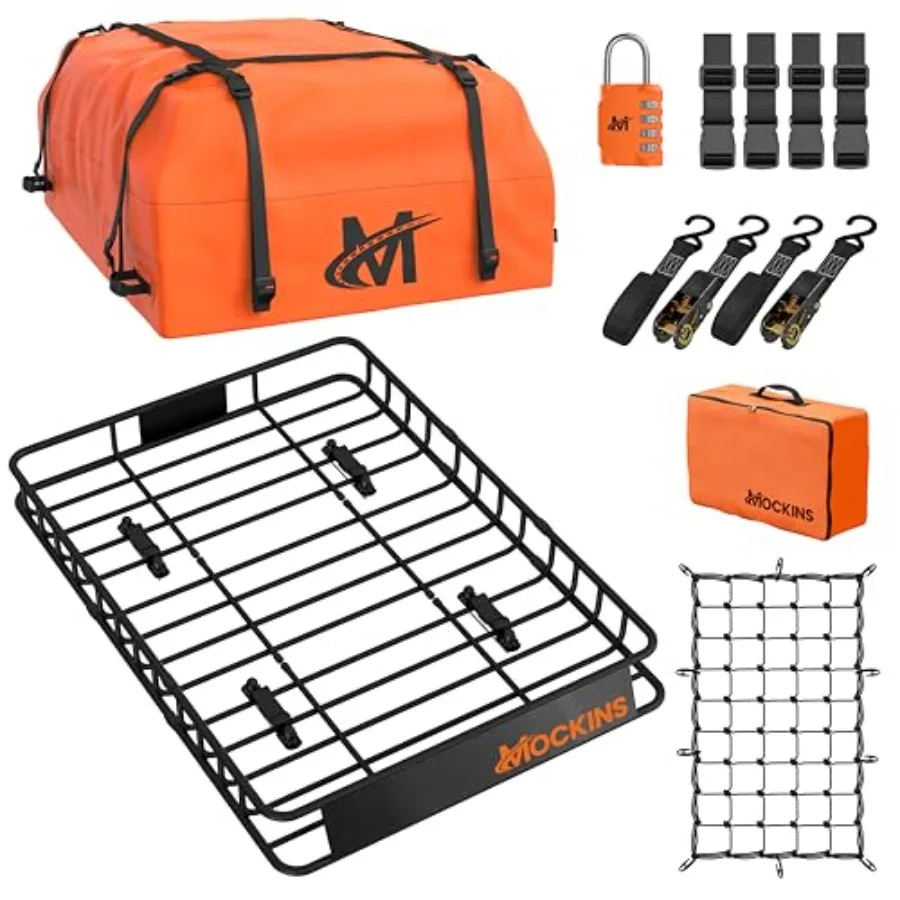 50x36x4.5 Extendable Rooftop Cargo Carrier with 18 CuFt Orange Waterproof Roof Bag 250Lbs Capacity Weatherproof SUV Car Top Rack
