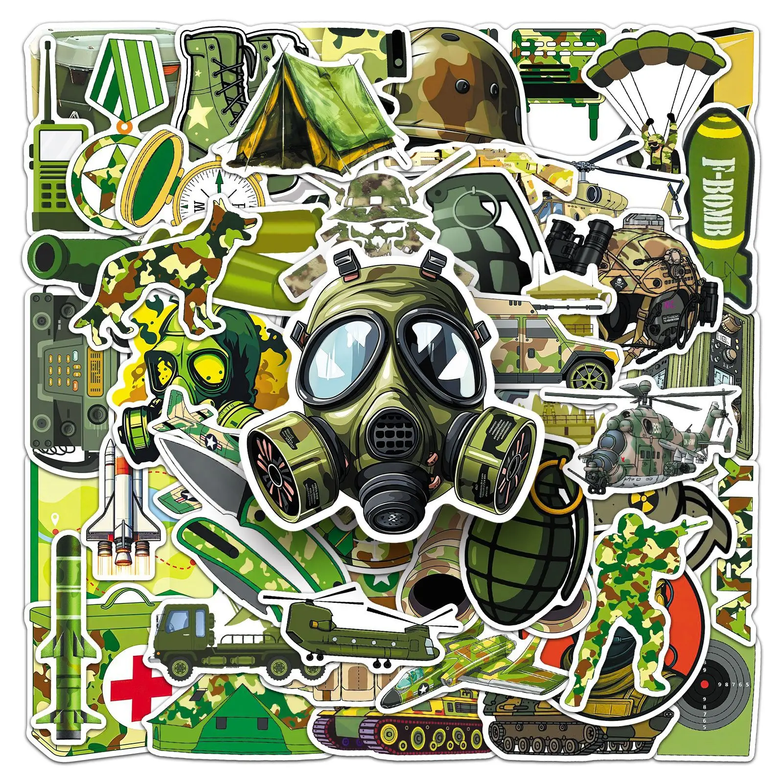 50PCS Military Equipment Style Stickers Military Items Camouflage Cartoon Decorable Helmet Suitcase Waterproof Stickers Kids Toy