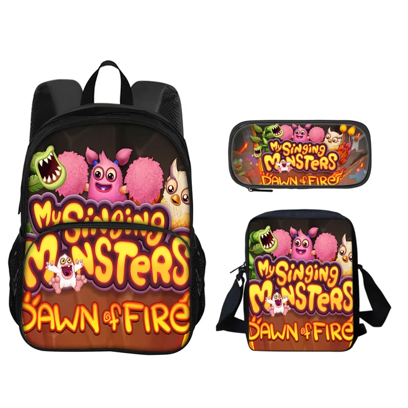 My Singing Monsters Round Front Bag Backpack Pen Bag Shoulder Bag 3Pcs Set Printed Kindergarten Elementary School Boys and Girls