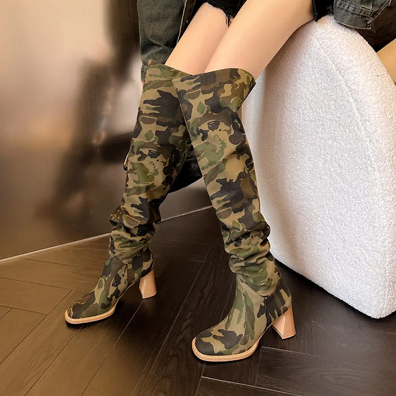 MKKHOU Fashion Over Knee Boots Women New High Quality Camo Boots Round Head Pleated High Heel Boots Street Hot Girl Modern Boots