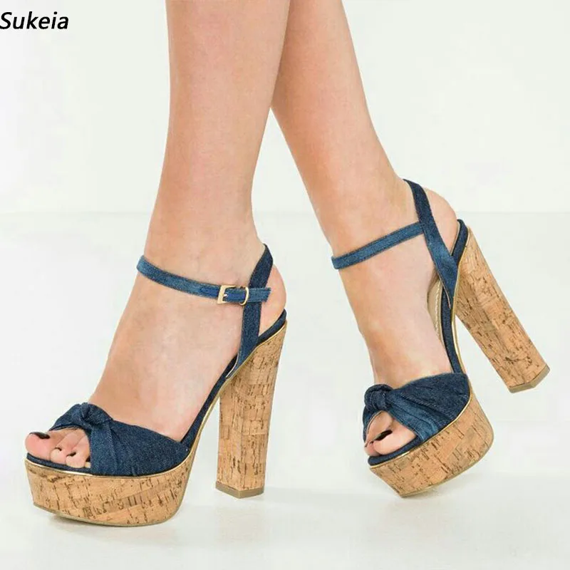 

Sukeia Handmade Women Summer Sandals With Platform Ankle Strap Peep Toe Fabulous Black Blue Party Shoes Ladies Plus US Size 5-20