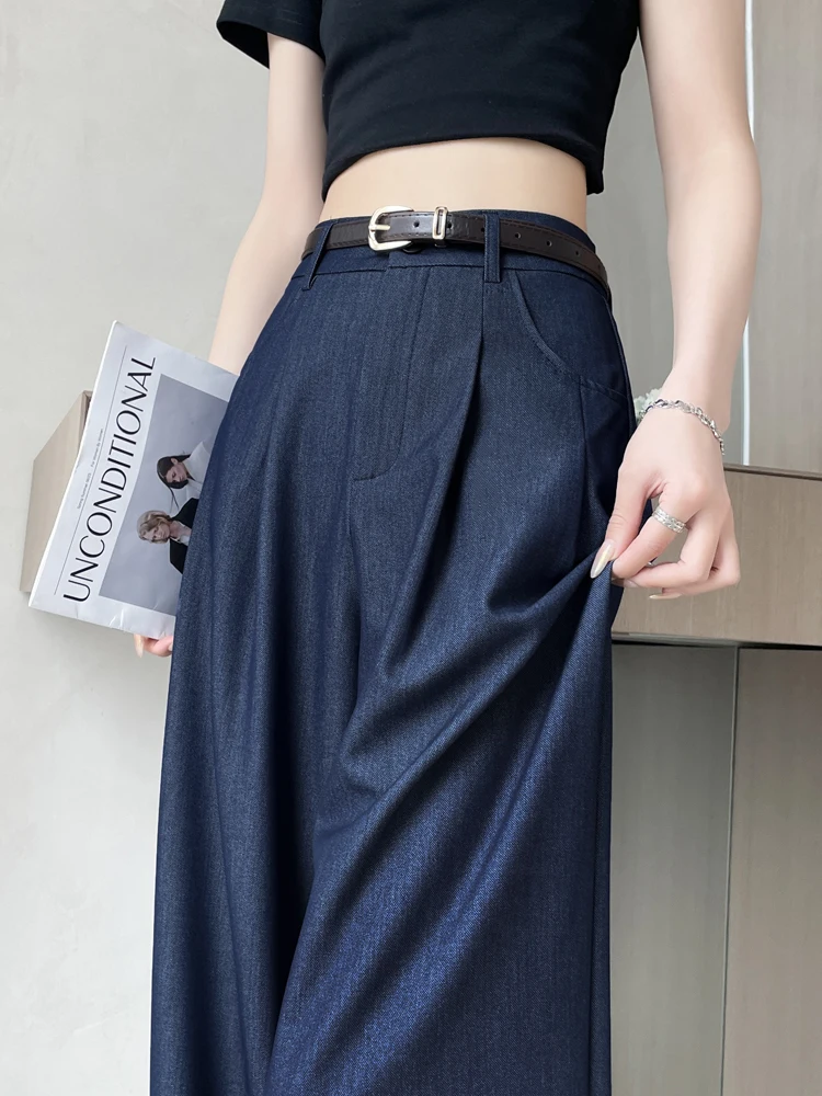 

Summer Soft Denim Jeans Women's Thin Wide Leg Pants High Waist Drapey Straight Loose Floor-Length Jeans Deep Blue
