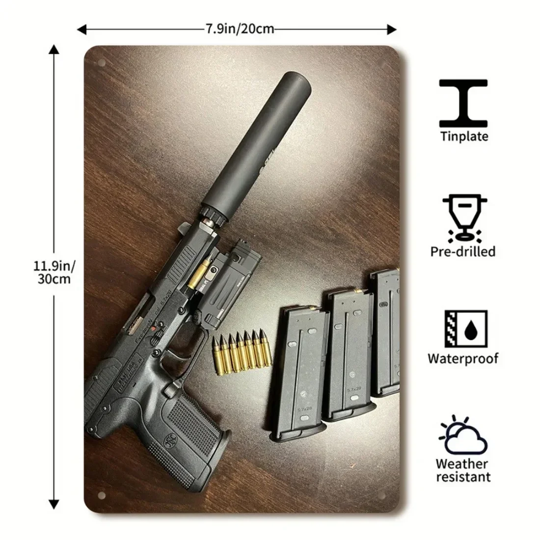 Tinplate Painting- 2D Wall Art Tactical FN Pistol With Silencer And Extra Magazine Wall Art Signage,   Iron Wall Art Signage