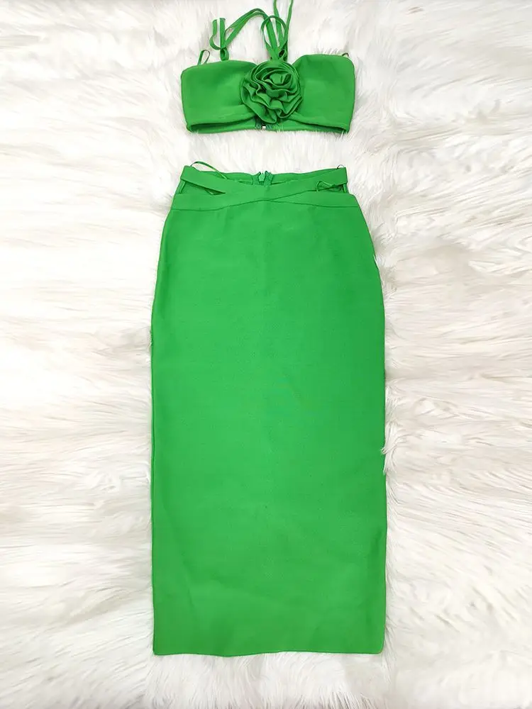 Imagem -04 - Ailigou-vestido de Bandagem Verde Feminino Top Apertado Sexy Peças Bodycon Meados Bezerro Celebração da Flor Conjunto de Boate Novo 2023