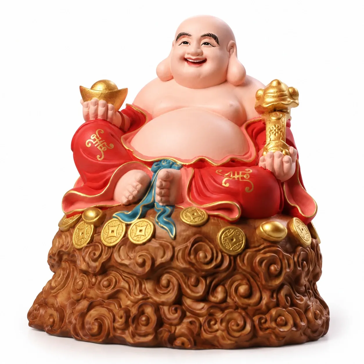 Hand Carved Hinoki Wood Maitreya Buddha Smiling Figurine 7.1 Inch Chinese Traditional Zen Statue for Home Living Decor Gift