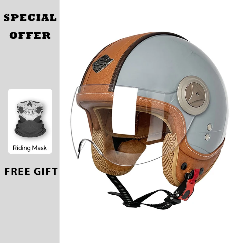 Open Face Motorcycle Helmets Leather Scooter Pedal 3/4 Open Half Helmet Motorbike Jet Helmet Vintage Three-quarters Helmets DOT