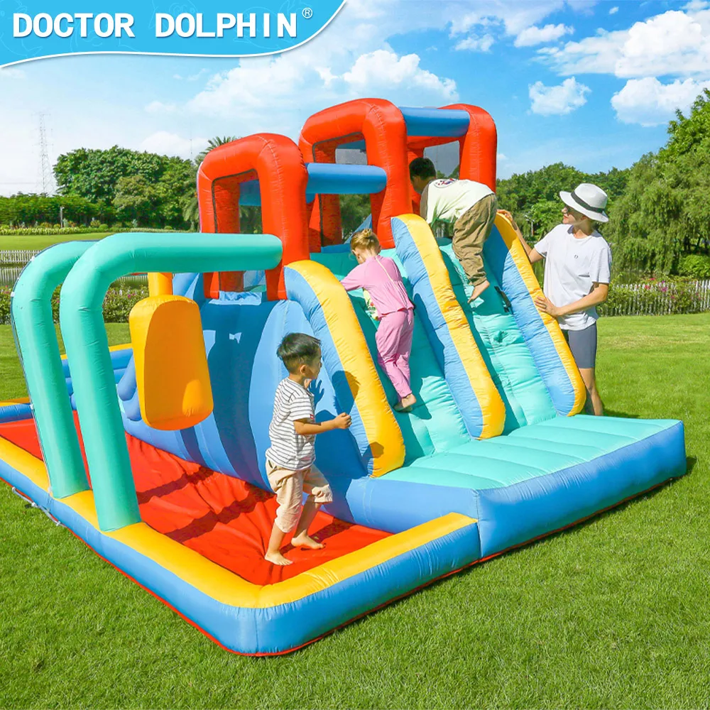 สไลเดอร์น้ำเป่าลมราคาถูกพร้อมบ้านเด้งดึ๋งสำหรับเด็ก ดีไซน์ใหม่จาก Doctor Dolphin เหมาะสำหรับงานปาร์ตี้