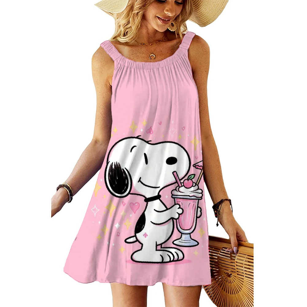 S-3XL de verano para mujer, minivestido con estampado de Snoopy, estilo bohemio, para vacaciones en la playa, moda informal, chaleco holgado sin mangas