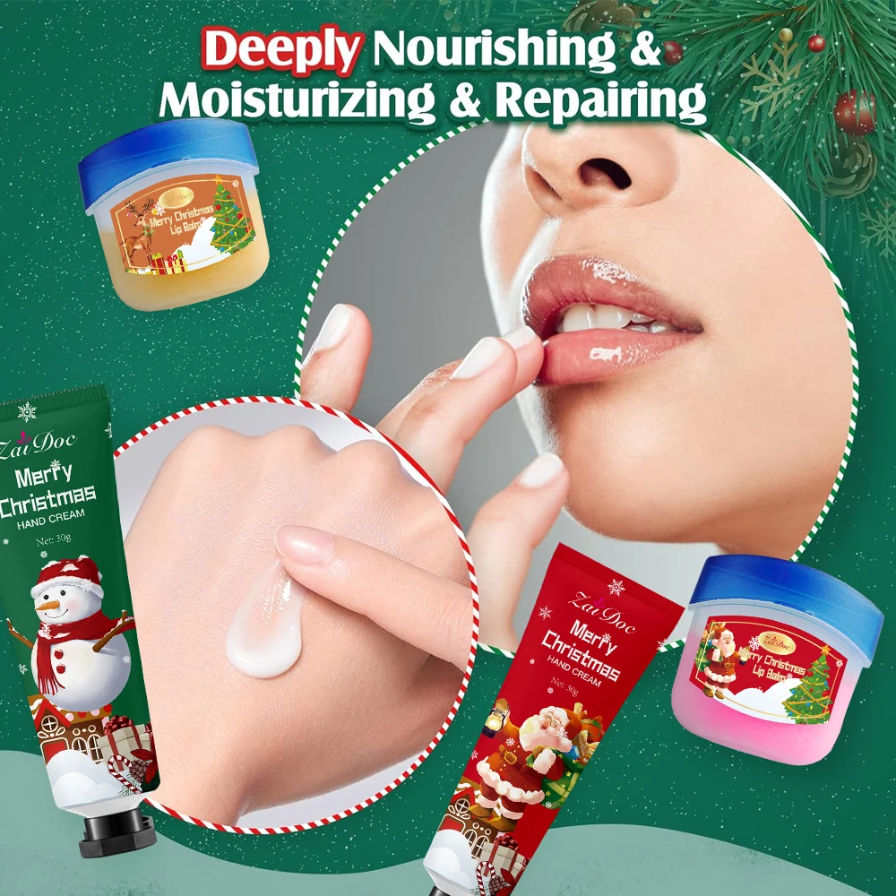 ZaiDoc Muti-Pcs Christmas Hand Cream and Lip Mask Set of 8 Moisturizing Lip and Hand Care Combo for Holiday Xmas Stocking Stuffers Winter Dry Skin Nourishing Hydrating Beauty Gift for Her