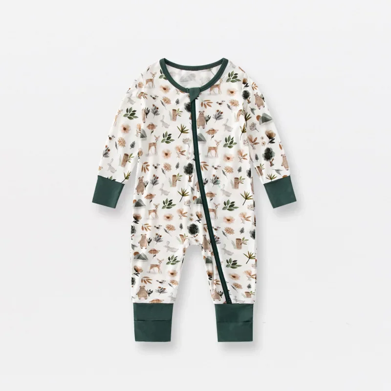 Newborn Bamboo Fiber Soft Jumpsuit Long Sleeve Flower Print Baby Boys Girls Rompers Kids Clothes Climb Suits Zipper Sleepwear