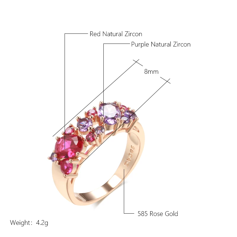 Kinel New Vintage Purple Natural Zircon Ring for Women Wide 585 Rose Gold Rings Ethnic Wedding Jewelry Daily Party Accessories