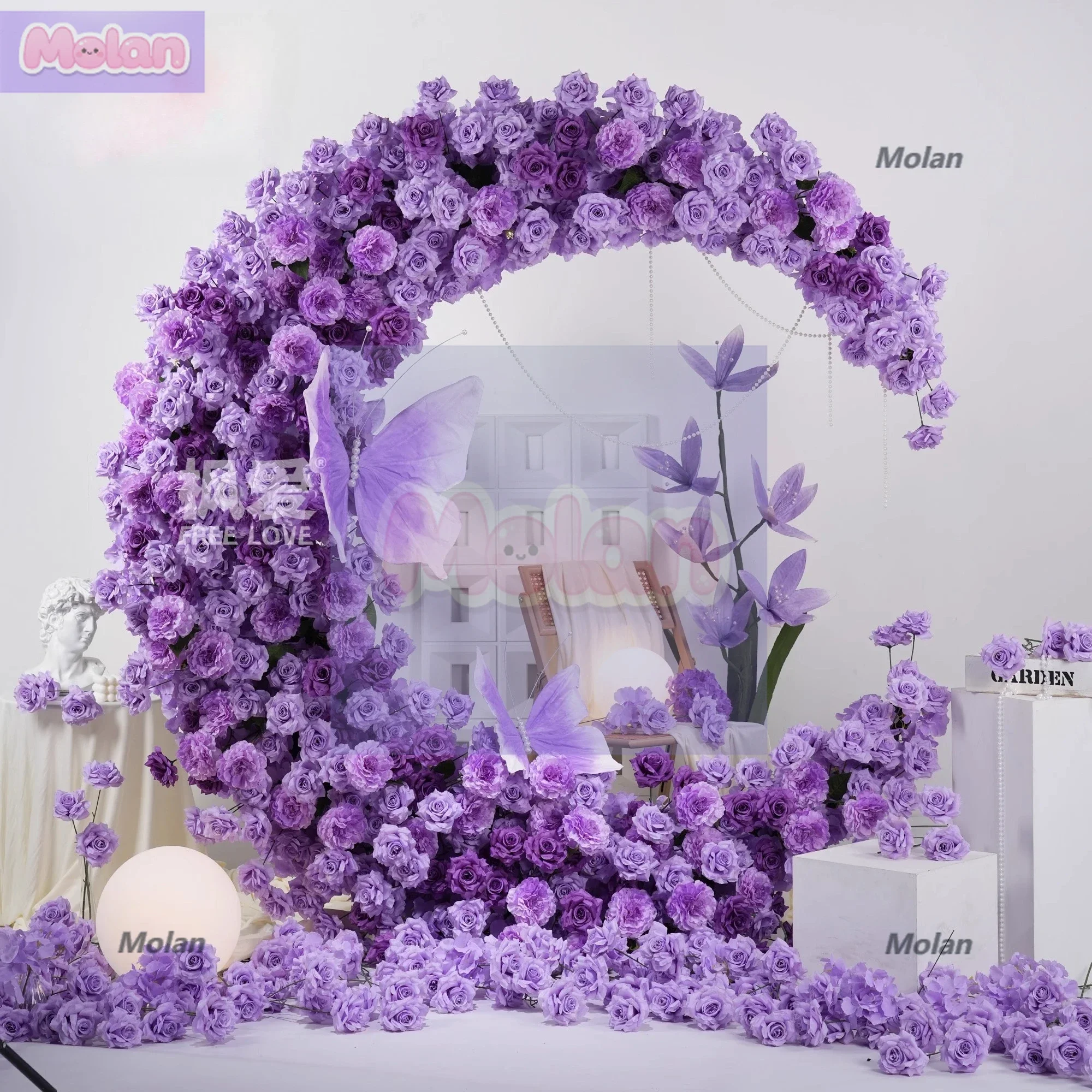 

Simulation flower art Monet garden purple wedding props moon flower stand crescent wedding hall decoration proposal arrangement